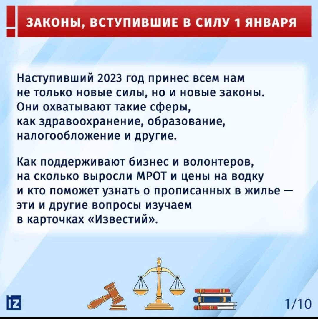 С 1 января 2023 года в России вступили в силу новые законы. О самом важном в карточках.